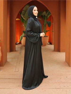 Modamorfo Krinkıl Ipek Saten 3'lü Abaya Takım -Siyah