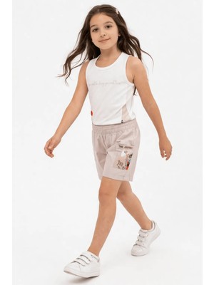 Nk Kids Kız Çocuk Ekru Crop Atlet & Vizon Şort Takım Özel Baskılı Yazlık İkili Set