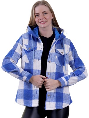 Exve Exclusive Mavi Beyaz Ekose Kareli Içi Kürklü Çift Göğüs Cepli Kadın Rahat Bol Kesim Kapüşonlu Ceket Gömlek