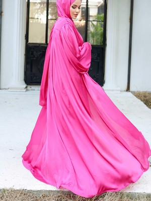 Modamorfo Krinkıl Ipek Saten 3'lü Abaya Takım -Fuşya