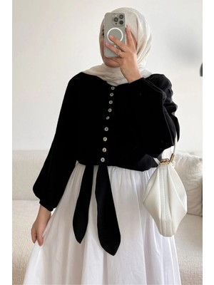 Tesettür Diyarı Larel Tansel Kumaş Balon Kol Bağlamalı Tesettür Gömlek- Siyah