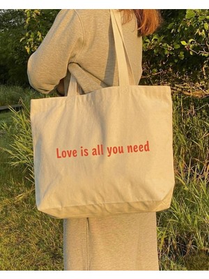 Vadi Loom "love Is All You Need" Yazılı Hambez Bez Çanta - Büyük Boy Omuz Çantası (47X36 Cm)