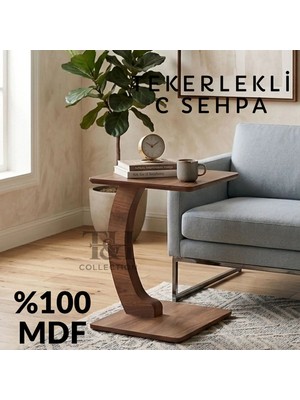 T&H C Sehpa Koltuk Sehpası Yan Sehpa Tekerlekli Yan Sehpa Dikdörtgen Servis Sehpası Ceviz