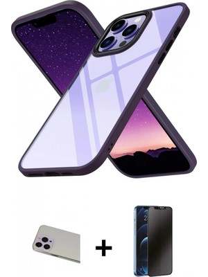 İlk El Grup Ieg™ iPhone 13 Pro Max Kılıf Nova Işık Serisi - Siyah 3D Antistatik Hayalet Cam Ekran Koruyucu + Mor Rainbow Kamera Lens Koruma Cam