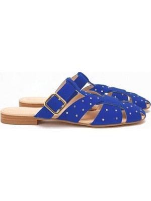 Ne&Ve Shoes Mavi Süet Pim Detaylı ve Tokalı Kadın Kare Burun Sabo Terlik