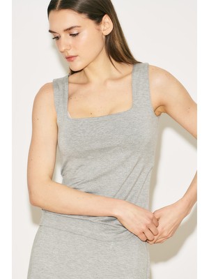 Manuka Easy Kolsuz Kare Yaka Bluz Gri Melanj