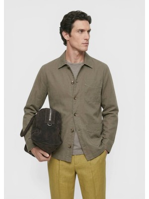 Ramsey Haki Düz Casual Fit Uzun Dokuma Keten Karışımlı Overshırt
