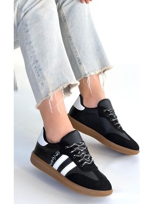 Erbilden Zerti Siyah Cilt Bağcıklı Kadın Spor Ayakkabı Termo Taban