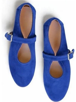 Ne&Ve Shoes Mavi Süet Hakiki Deri Tokalı Babet