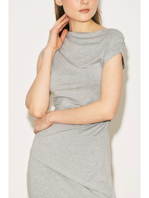 Manuka Easy Kolsuz Büzgülü Bluz Gri Melanj