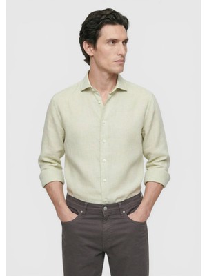 Ramsey Açık Yeşil Düz Regular Fit Uzun Dokuma Casual Pamuk Karışımlı Gömlek