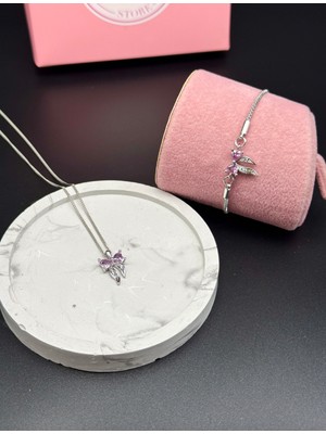 Alsem Gümüş Kaplama Kalp Işlemeli Fiyonk Kolye ve Bileklik Seti , Pembe Kurdele Kolye Bileklik Seti
