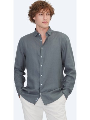 Kip Petrol Düz Regular Fit Uzun Dokuma Casual Pamuk Karışımlı Gömlek