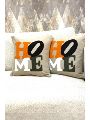 Zeora Home 2’li Dekoratif Pamuklu Kırlent Kılıfı Home Yazılı Punch Modern Bohem Etnik Salon Çift Katlı Kumaş