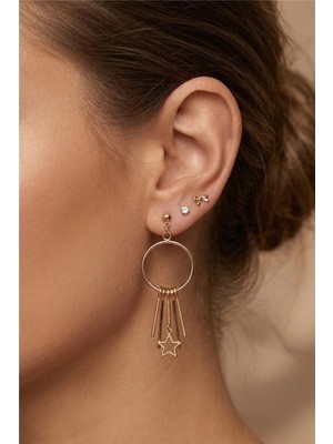 Petek Aksesuar Metal Yıldız Halka Sallantılı Küpe Set
