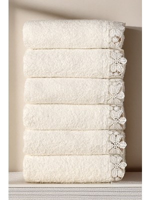 Isessia 6'lı Dantelli Mutfak ve El Havlusu Seti 30X50CM | Pamuk Krem Çeyizlik Havlu