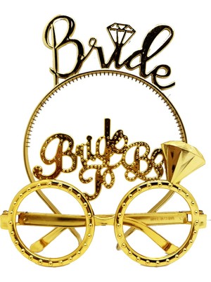 Bride Yazılı Taç ve Bride To Be Yazılı Gözlük Seti - Altın Renk