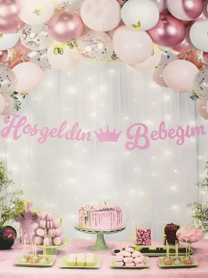 Parti Adresi Hoş Geldin Bebeğim Yazılı Kaligrafi Banner Pembe