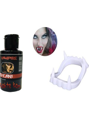 Beyaz Renk Çift Damak Takma Vampir Dişi ve 50 gr Tiyatro Kanı Set