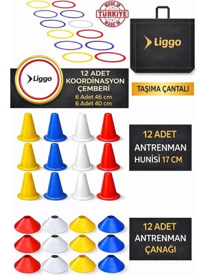 Liggo Antrenman Seti 12li Koordinasyon Çemberi 12li Antrenman Çanağı 12 Adet 17cm Huni Seti