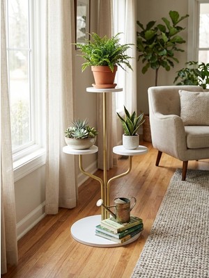 Fec Reklam Fec Sütun Dekoratif Yan Sehpa Metal 3 Katlı Çiçeklik Modern Tasarım Kahve Çay Saksılık