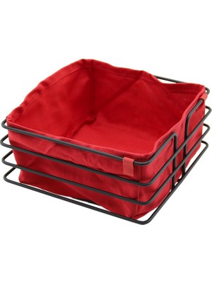 SHC4200 Kare Si̇yah Metal Kirmizi Bezli̇ Ekmek Sepeti̇ 20X21CM Deri̇nli̇k 10.5cm