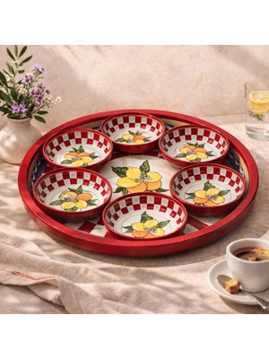 Sarkap Home Lemon Desing 34 cm Tepsi ve 10X3,2 cm 6'lı Çerezlik Seti - Kırmızı