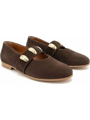 Ne&Ve Shoes Süet Gold Aksesuar Detaylı Lastikli Kadın Şık ve Rahat Babet