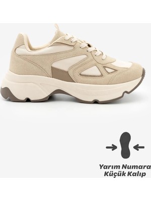 Marjin Kadın Sneaker Yüksek Kalın Taban Çok Parçalı Bağcıklı Spor Ayakkabı Vader Bej Süet