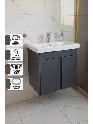 Karen Banyo Magma 50 Cm, Lavabolu Alt Banyo Dolabı, Kapaklı Banyo Alt Dolabı, Seramik Lavabo Dahil Antrasit Mdf