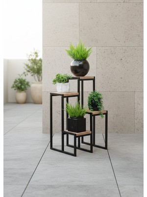 Evle 4 Katlı Ahşap Çiçeklik, Modern Saksılık, Balkon ve Salon için Dekoratif Saksı Standı