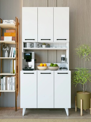 Montenero Kahve Köşesi Dolabı 6 Kapaklı Çok Amaçlı Mutfak Dolabı 90X200 cm Parlak Beyaz