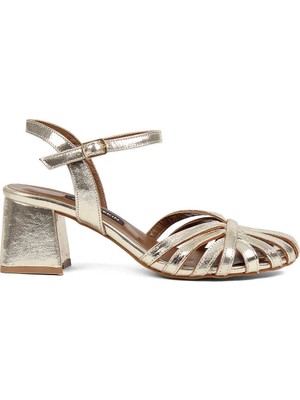 Celal Gültekin Kadın Altın Kalın Topuklu Deri Gladyatör  Sandalet