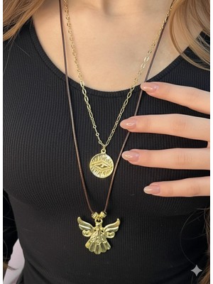 Vintage Takı Altın Rengi Gold Kolye Melek Ikili Kolye