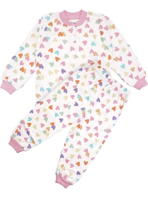 by BebekOdam Kız Çocuk Ekru Pembe Renkli Kalpli Desenli Çıtçıtlı Pijama Takımı - 1016598