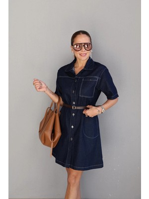 Purple By Banu Lacivert Kemerli Mini Jean Elbise