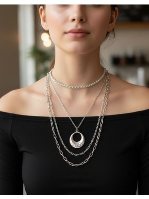 Vintage Takı 4'lü Kombin Kalın Zincirli Gümüş Rengi Kolye / Silver Kombin Choker