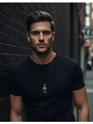 Vintage Takı Erkek Kurukafa Skull Tarz Siyah Deri Ipli Kolye