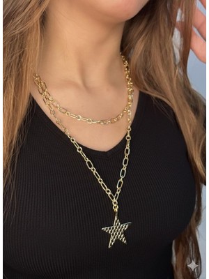 Vintage Takı Altın Rengi Gold Yıldız Ikili Kolye