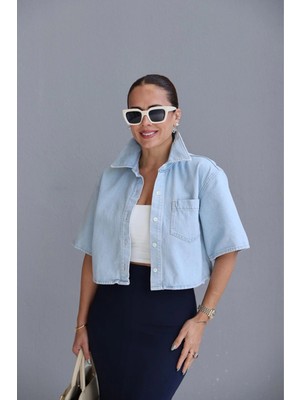 Purple By Banu Buz Mavi Jean Crop Gömlek