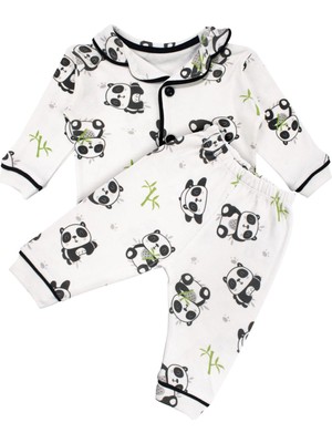 by BebekOdam Unisex Ekru Siyah Panda Desenli Kruvaze Yaka Pijama Takımı - 1016619