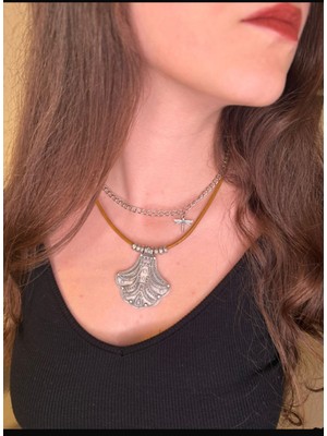 Vintage Takı 2'li Kahverengi Deri Hitit Tarzı Silver Gümüş Kaplama Choker ve Yusufçuk Kolye