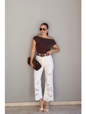 Purple By Banu Ekru Nakışlı Pantolon