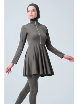 Alfasa Kadın Tam Kapama Fermuarlı Desenli Su Itici Özelliği 5 Parça Beli Lastikli Paraşüt Kumaş Tesettür Mayo