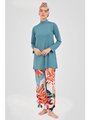 Alfasa Kadın Tam Kapama Fermuarlı Desenli Su Itici Özelliği 5 Parça Beli Lastikli Paraşüt Kumaş Tesettür Mayo