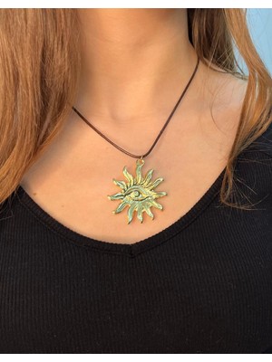 Vintage Takı Altın Rengi Gold Güneş Kolye Kahverengi Ipli