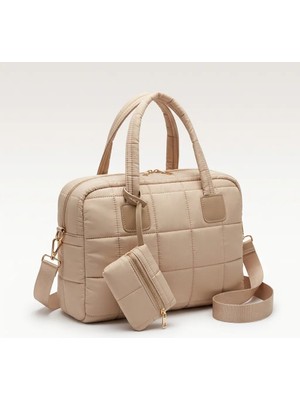 Mg Concept Kapitone Kadın El Çantası – Hafif Şişme Kumaş Günlük Omuz & Laptop Çantası Bej Renk Fermuarlı Organizerli