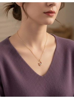 Vintage Takı Altın Rengi Gold Kolye Pembe Kalp ve Kedi Sevgililer Gününe Özel