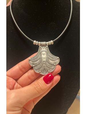 Vintage Takı Siyah Deri Hitit Tarzı Silver Gümüş Kaplama Choker