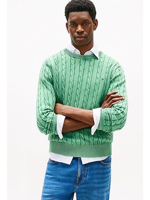 Tommy Hilfiger Classıc Cable Gmd C Nk Erkek Yeşil Kazak - MW0MW39524
